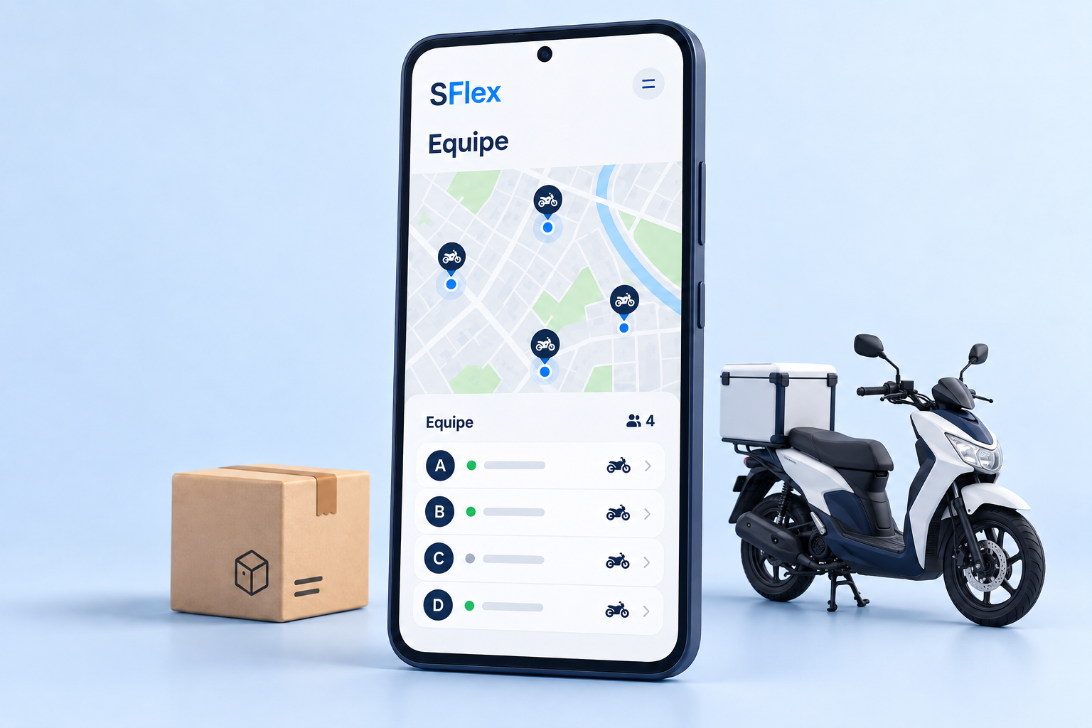 Imagem ilustrativa do SFlex em um celular, com mapa de entregadores da equipe e uma moto de entregas ao lado.