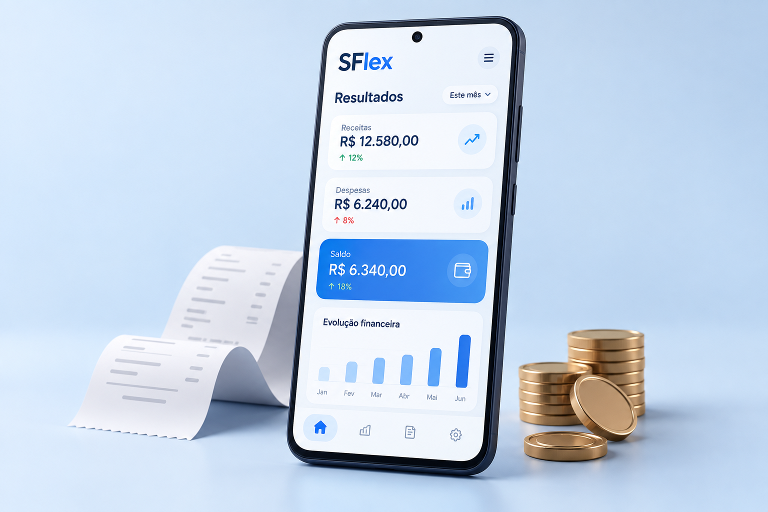 Imagem ilustrativa do SFlex em um celular, com cartões de resultados e acompanhamento financeiro.