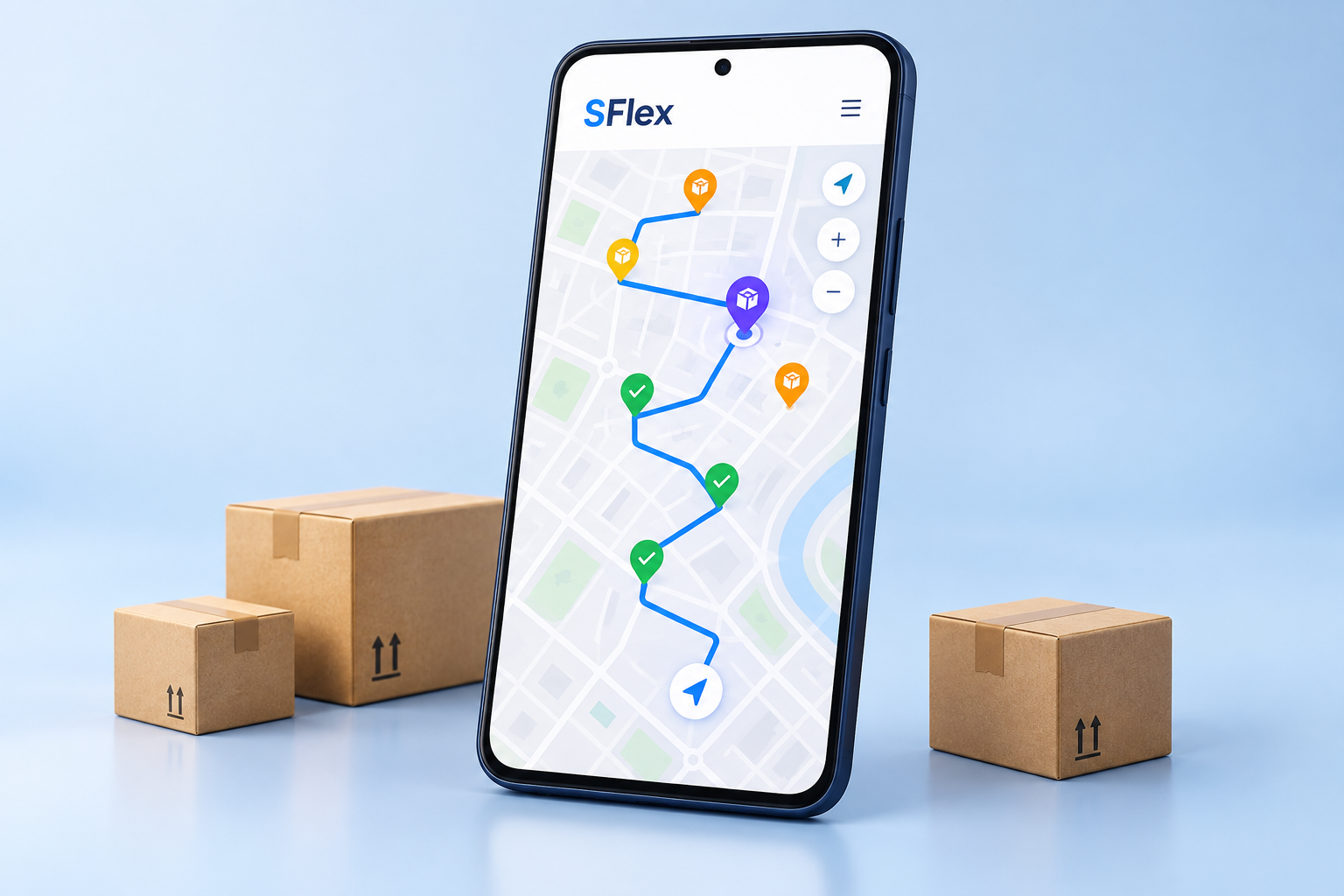Imagem ilustrativa do SFlex em um celular, com mapa de paradas e destaque para a próxima entrega.